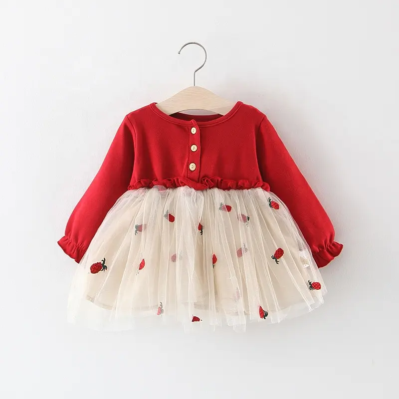 Ropa de invierno para niña, vestido de algodón de manga larga, Color puro, bordado de piña, Parche de malla, tutú, Princesa, Primavera