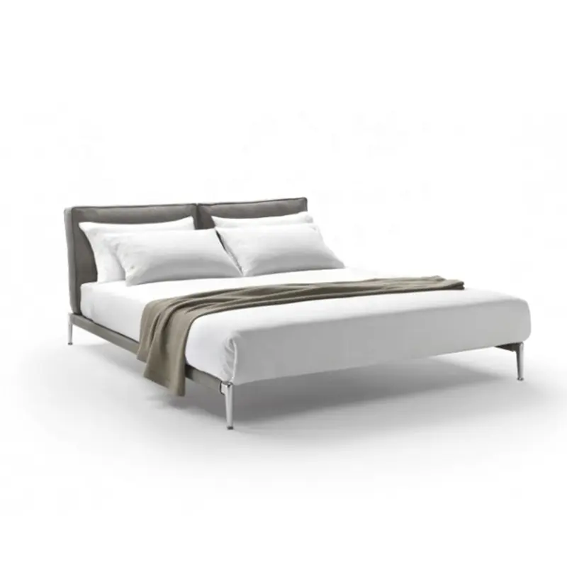 Muebles Gorman de diseño moderno, cama king size súper simple, cama blanda de 1 pieza, cuero sintético de acero inoxidable dorado, desmontable