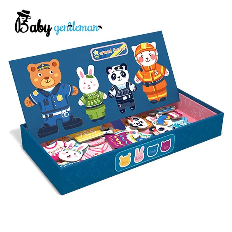 Puzle magnético de madera para niños, juego de vestir personalizado de oso de dibujos animados, Z14210D