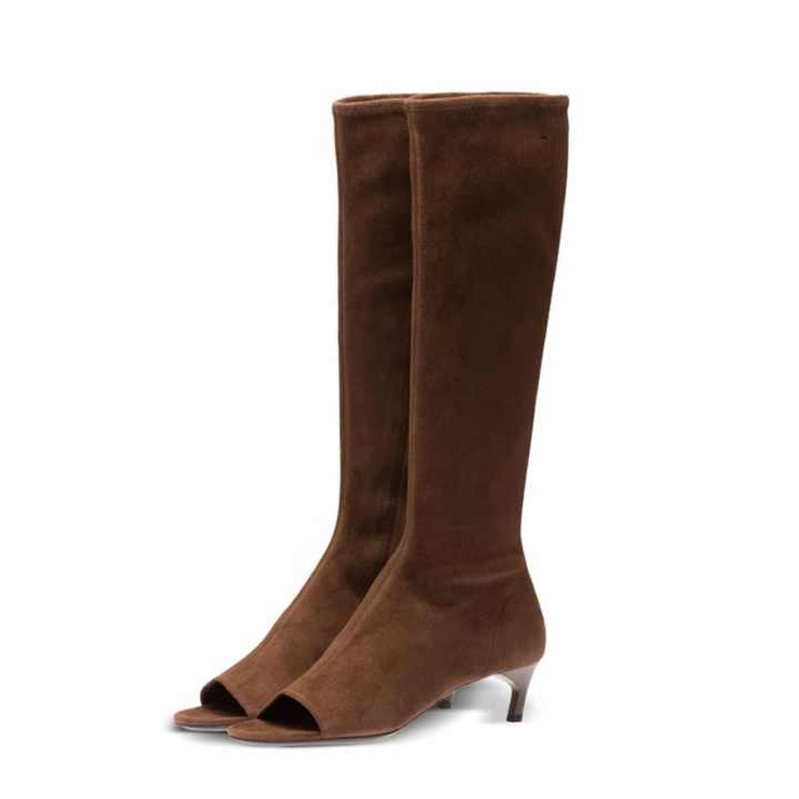 Tacchi bassi in pelle scamosciata donna estate stivali alti al ginocchio Peep Toe tacco corto cerniera laterale stivaletti lunghi scarpe personalizzate