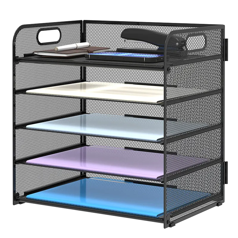 Atacado Desktop Paper Document File Bandeja 5 Tier Metal Wire Mesh Office File Organizer Com Alça