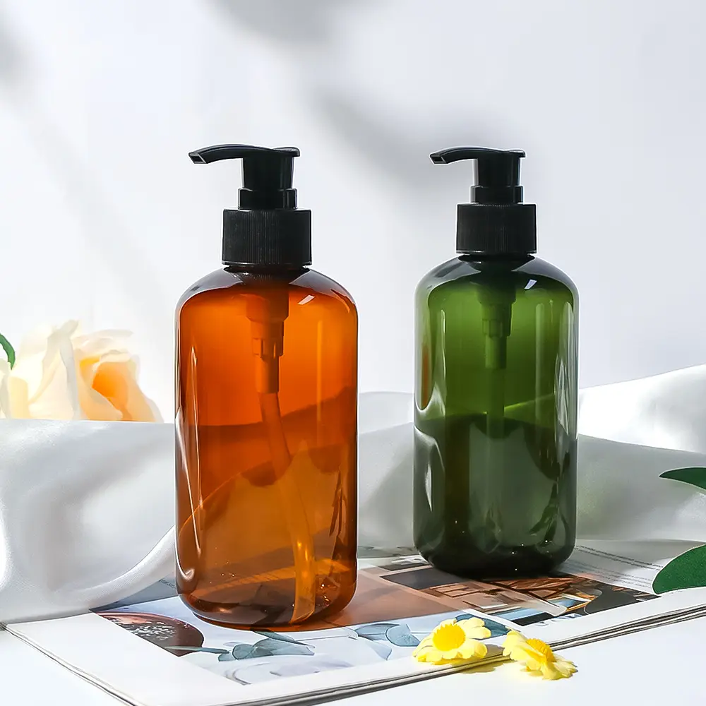 Garrafas vazias de plástico para shampoo e condicionador, frascos redondos para embalagem personalizada de cosméticos PET, frasco de shampoo com logotipo