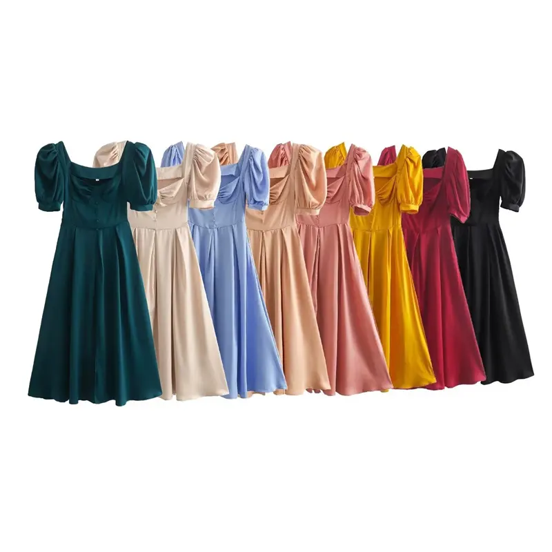 TAOP & ZA gaun putri retro leher persegi panjang setengah desain Perancis gaun dewi temperamen 8 warna gaun istirahat teh Musim Panas 2024