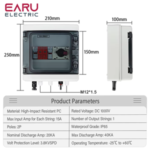 1 <strong>Input</strong> 1 <strong>Output</strong> Solar Photovoltaic PV Combiner Box With Surge Lightning Protection DC Fuse MCB Waterproof Box IP65 EA-CB-PV-8-I - Product Image 2