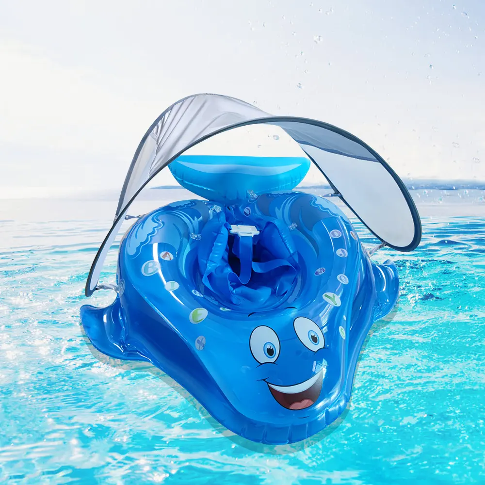 Galleggiante per piscina per bambini con sedile e tenda da sole galleggiante gonfiabile per il nuoto del bambino con faccia sorridente blu