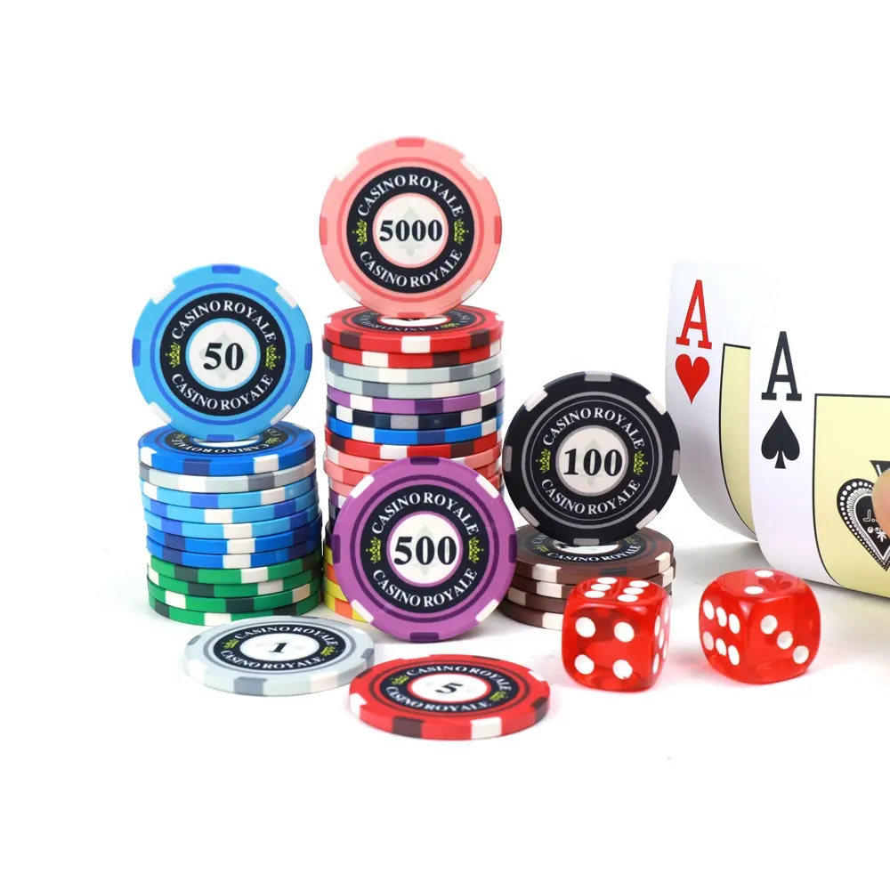 Jetons de poker en céramique Casino royale jetons colorés 39mm 10g avec conception de dénomination personnalisée 500 pièces par boîte en mousse intérieure pour les jeux