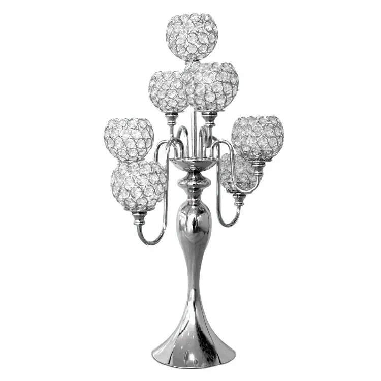 Candelabro de boda de plata con bolas de cristal altas de alta calidad, venta al por mayor
