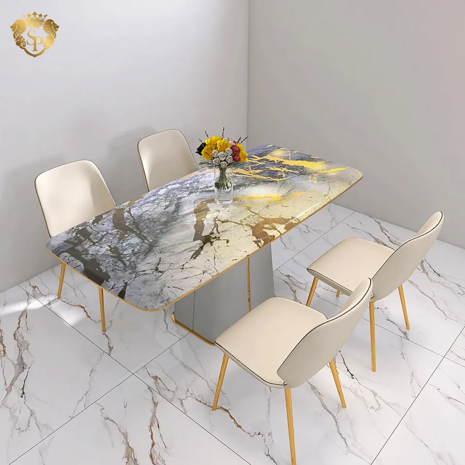 Muebles de lujo, mesa de comedor de diseño italiano, mesa de comedor de mármol moderna rectangular, muebles de hogar de mármol dorado de lujo