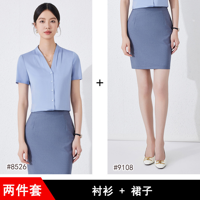 gray-blue shirt and gray skirt