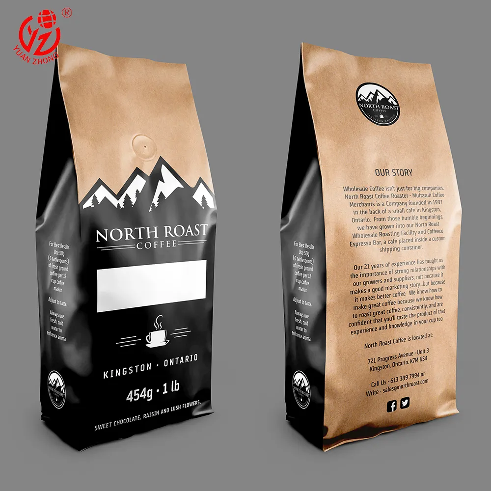 Etiqueta Privada impresa personalizada, 100g, 250g, 500g, 1kg, papel de aluminio negro resellable, bolsa de embalaje de granos de café de fondo plano con válvula