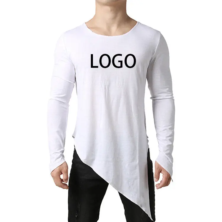 Sommer Asymmetric Slit Hem Tee Logo Siebdruck Pullover Loose Neck Günstige Custom Led Spandex Herren T-Shirts