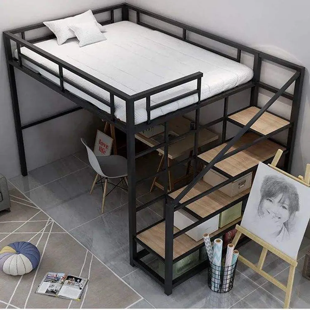 TS Adulto Loft Cama Escuela Hotel Apartamento Dormitorio Hierro forjado Doble Loft Cama Debajo DE LA Oficina Mesa de juegos con Barandilla Escaleras