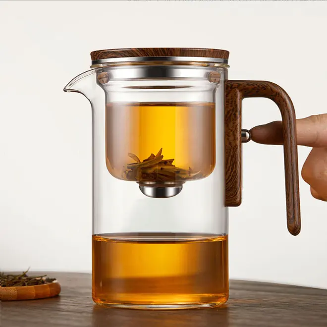 Tembel çaydanlık fincan akan fincan çaydanlık tek düğme filtre ceviz cam çay ayırma fincan