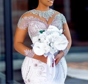 <span class=keywords><strong>2025</strong></span> 새로운 럭셔리 플러스 사이즈 아프리카 결혼식 원피스 아랍어 아소 에비 크리스탈 페르시 환상 긴 소매 주름 장식 인어 신부 원피스 - Product Image 2