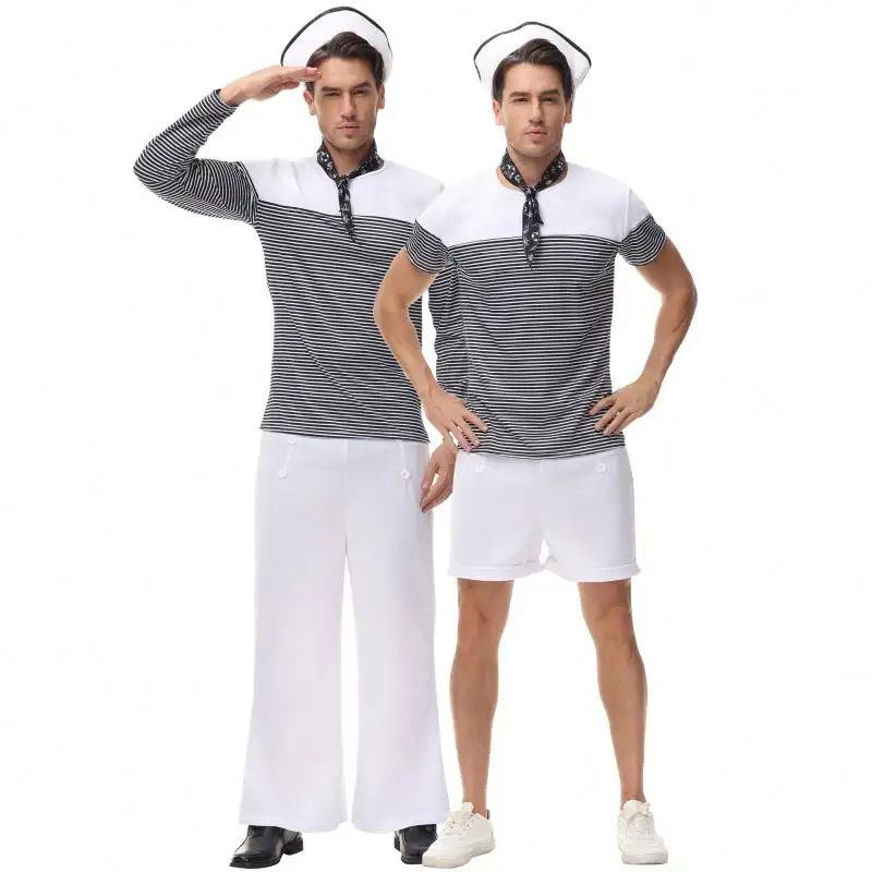 Conjunto de marinero para adultos con rayas negras Top blanco Pantalones cortos Bufanda Sombrero de marinero blanco Traje de vestido