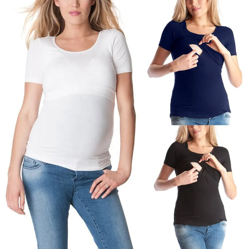 Camiseta feminina de manga curta com gola redonda, blusa feminina para amamentação, roupa de maternidade para mulheres