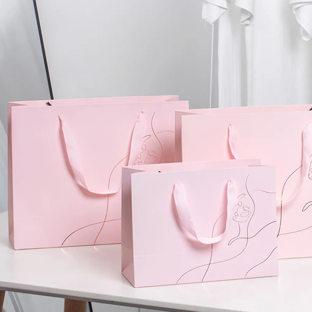 Saco de papel personalizado de estampa de ouro rosa, saco de embalagem de papel personalizado com fita de seda, bolsa de presente de papel