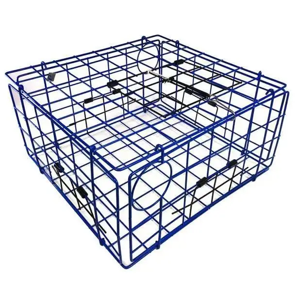 24" Blue Folding Pacific Coast Crab Trap with 4 Entry Doors 2 Escape Rings Soft Vinyl-Coated Wire for Fishing River Lake Stream