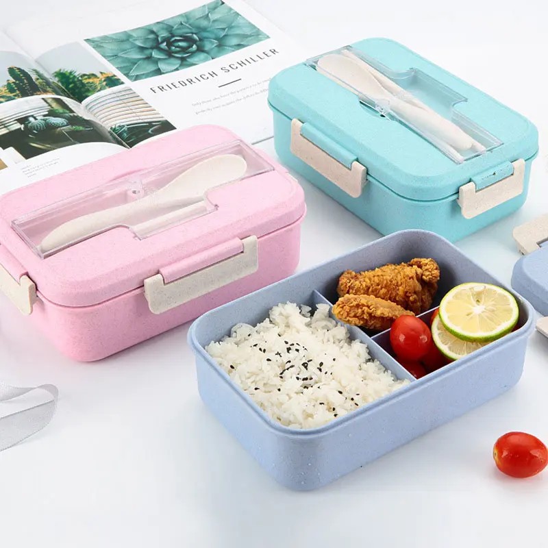 Gıda sınıfı istiflenebilir 2 kat yuvarlak plastik buğday samanı gıda kabı Bento yemek kutusu öğle yemeği kutusu kaşık ve çatal