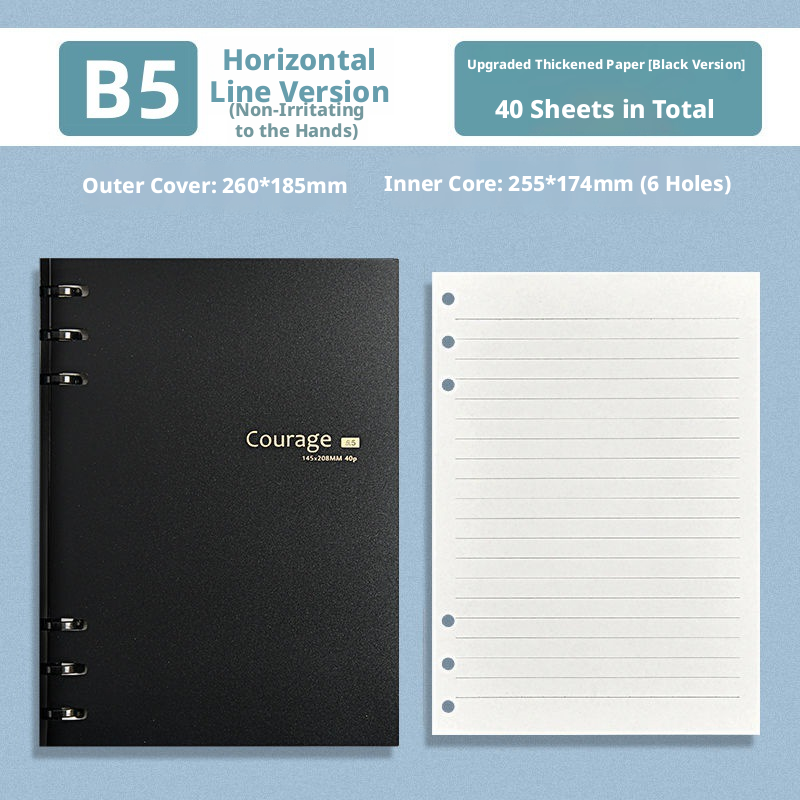 B5, cuero negro, estilo de línea horizontal.