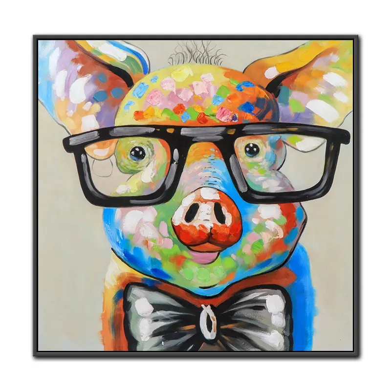 animal paintings handpainted pop Cute Pig with Glasses Pop animal paintings texture Wall Art Canvas Painting Framed Ready Hang