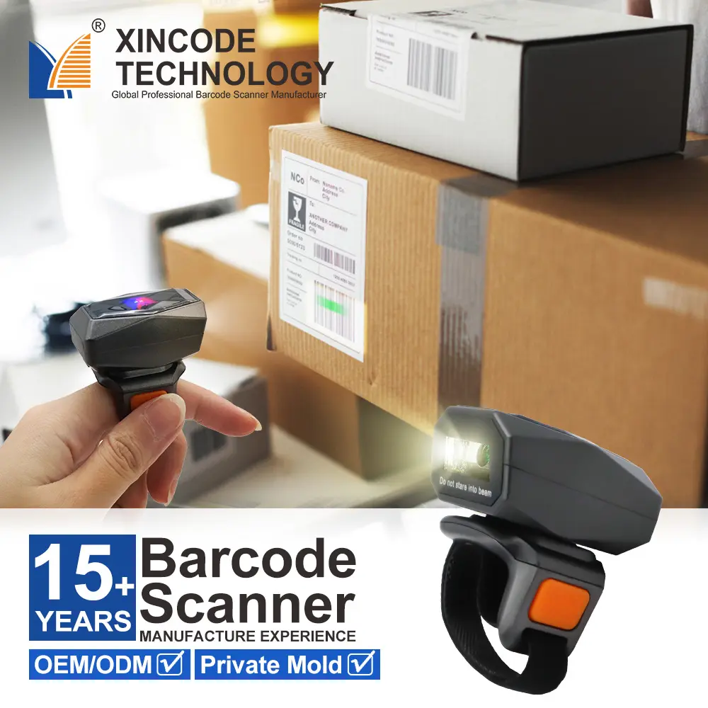 Xincode Ring Handy Barcode Scanners Lector de código de barras de dedo Mini Bluetooth Pocket Portable Wireless Blue tooth Qr Code Scanner