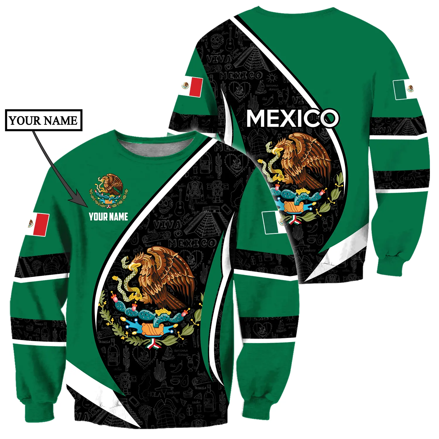 Print On Demand Men Winter Sweatshirts O Neck Custom Logo Mexico Flag Oversized Polyester Luxury Pullover Sweatshirt In Bulk