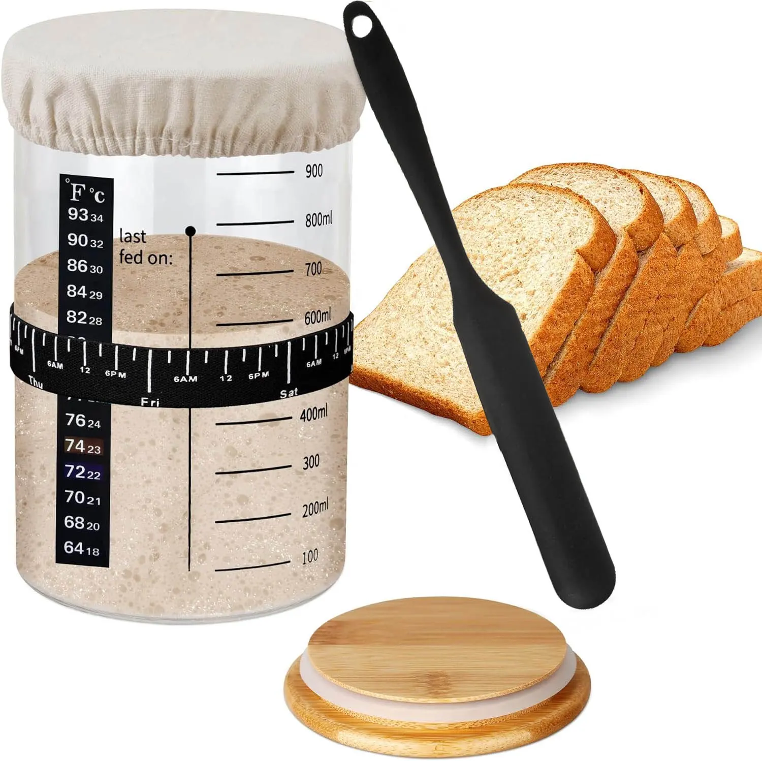 34 oz bambu kapaklar sourjar kavanoz kiti 1000ml Sourdough ekmek pişirme malzemeleri termometre silikon kaşık bez kapağı ile