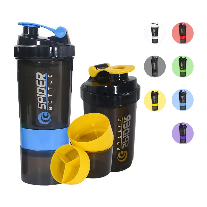 Özel Logo Bpa ücretsiz 500ml siyah üç kat plastik spor salonu spor Protein çalkalama şişesi spor su şişesi için kene işaretleyici