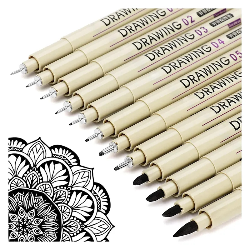 12 Black Fine Line Tinta impermeable Micro Fineliner Dibujo Art Pens Set para suministros de artistas