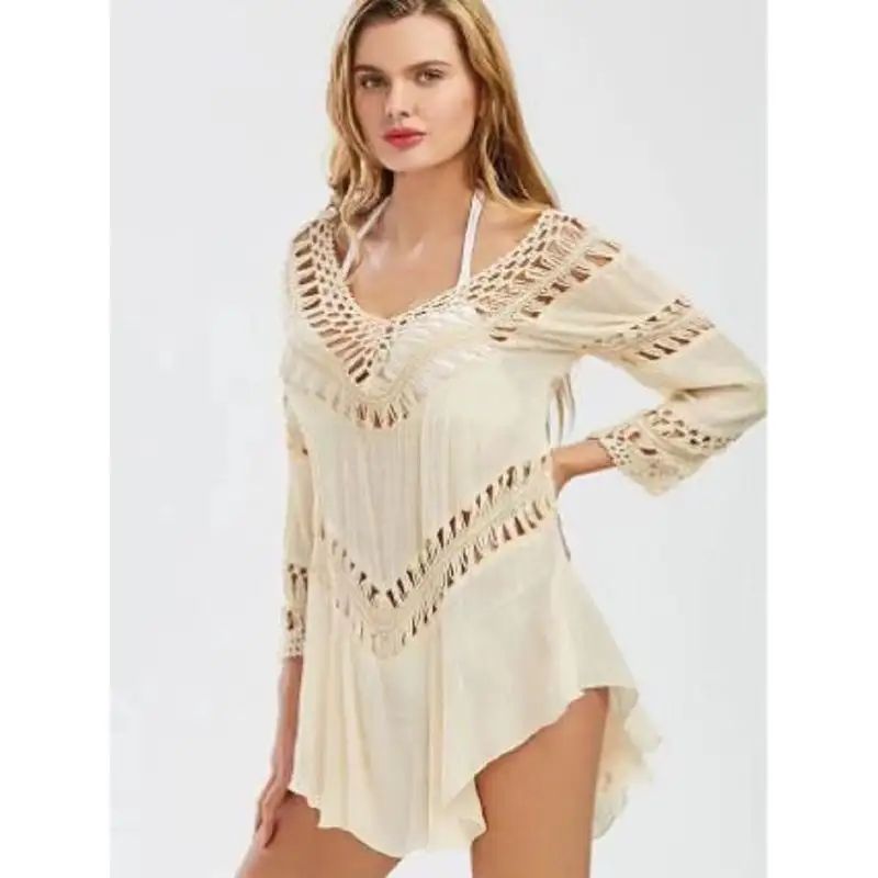 SS24 sexy Ladies manga larga con cuello en V Correa calado crochet tejido ahueca hacia fuera el mini vestido drapeado