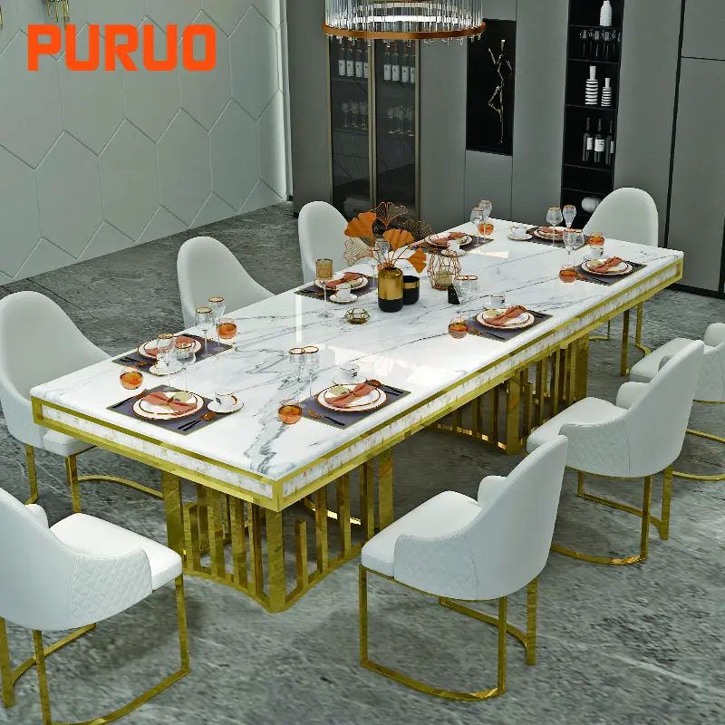 Tavolo da pranzo in oro in stile moderno con sedia base in metallo mobili per la casa in acciaio inossidabile set di tavoli da pranzo di lusso con piano in marmo