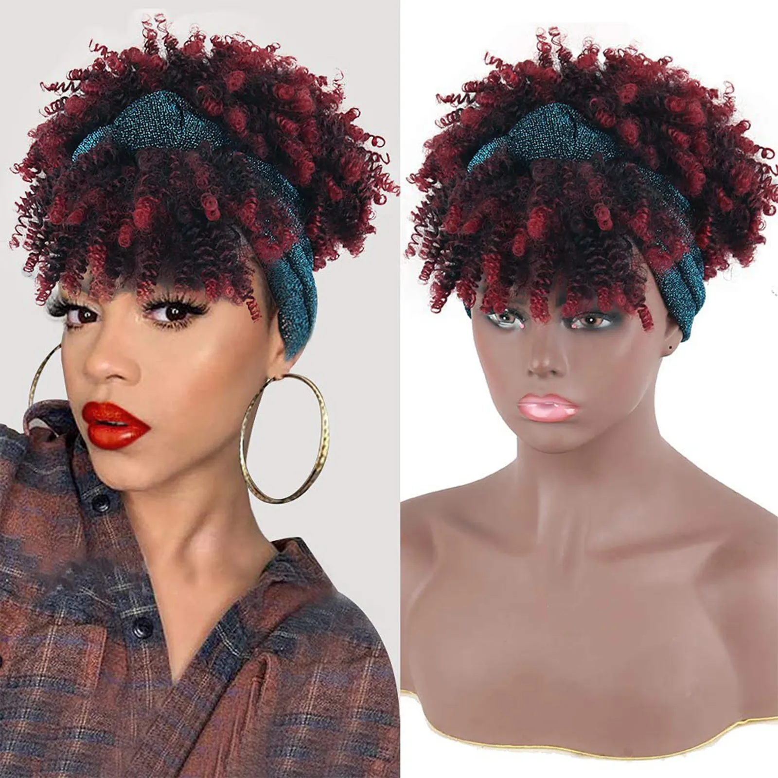 G&T Wig Afro High Puff Hair Bun With Bangs Short Kinky Curly Pineapple Hair Extensions Headband Wig for Black Women