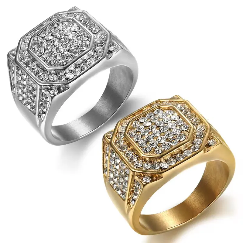 Nieuwe Hoge Kwaliteit Non-Fading Punk Titanium Staal Hip Hop Gold Plated Diamant Mannen Ring Sieraden Voor Mannen edelsteen Ringen