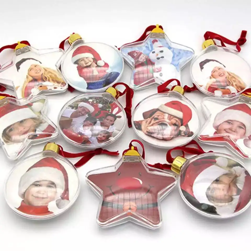 Decoração de árvore de natal, foto transparente de plástico, decoração natalina de cinco estrelas para pendurar na árvore de natal, presentes para crianças