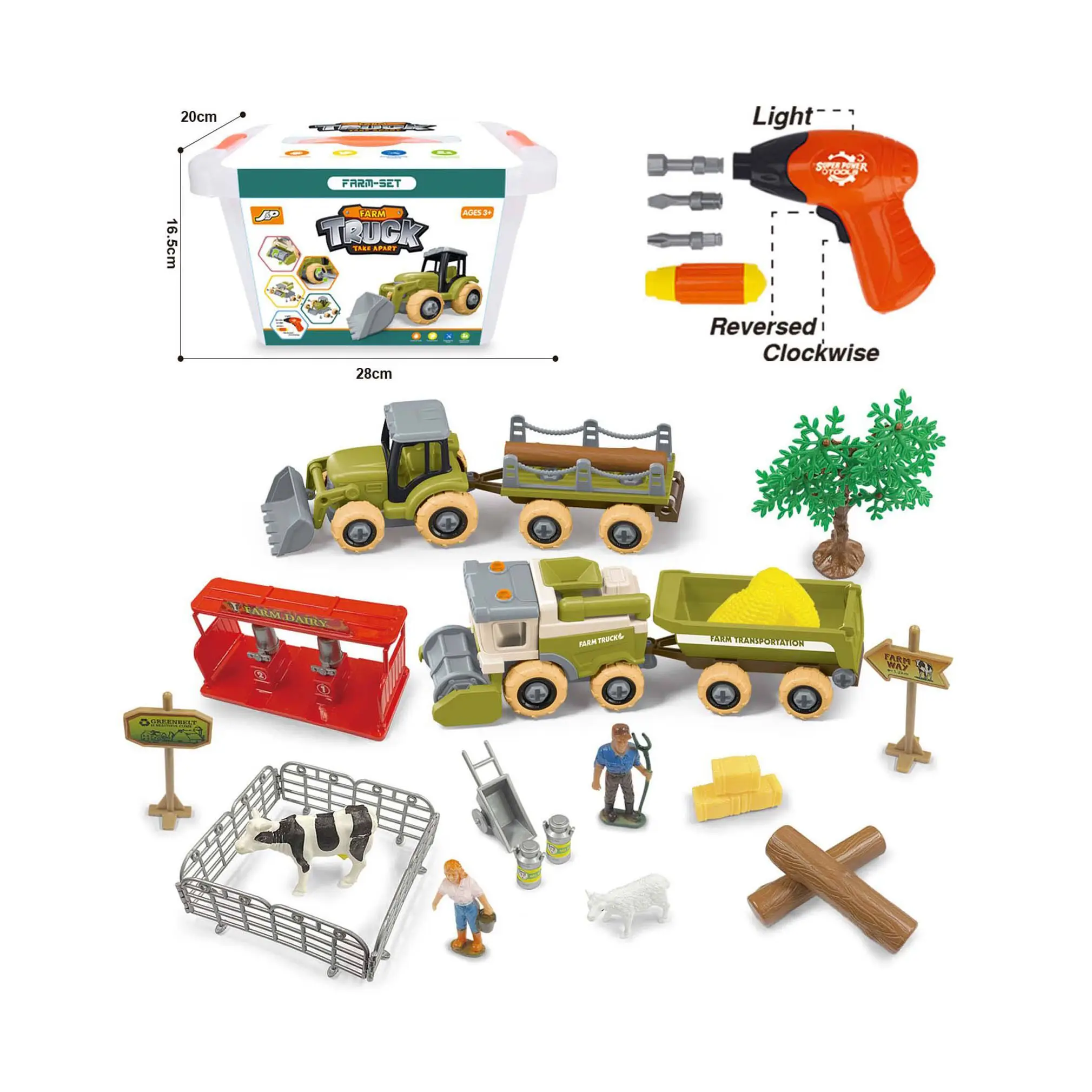 Farm Toy Tractor Plastic Farm Animals Figurinhas e Fence Farm Play set Take Aparte Farmer Vehicle W/ Drill, Toy Truck com Cavalo