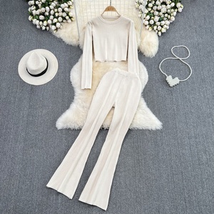 Fashion <strong>Set</strong> Women Casual Long Sleeve <strong>Round</strong> Neck <strong>T</strong>-Shirt High Waist Knit Flared Long Pants <strong>2</strong> Piece <strong>Set</strong> - Product Image 3
