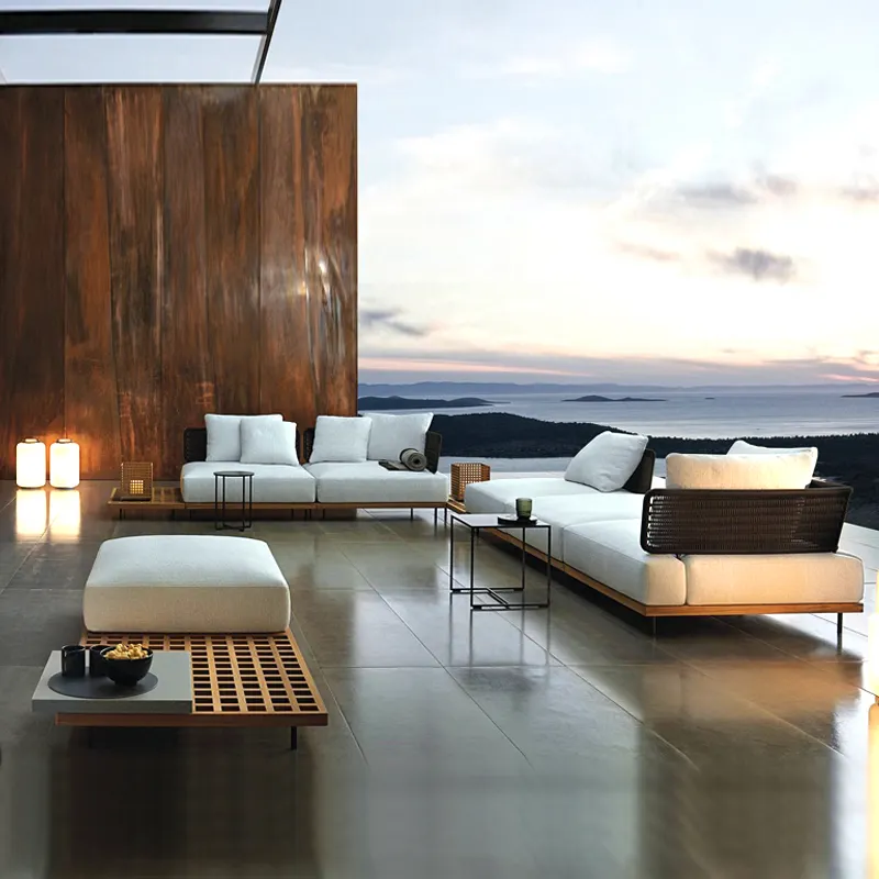 2022 Modern Sectional Patio Furniture Outdoor Garden Wooden Solid Wood Rattan Outdoor Sofa Set