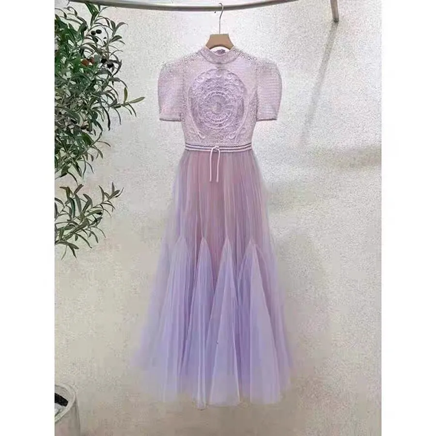 Robe pour femme élégante printemps/été col rond dentelle broderie maille patch robe violette