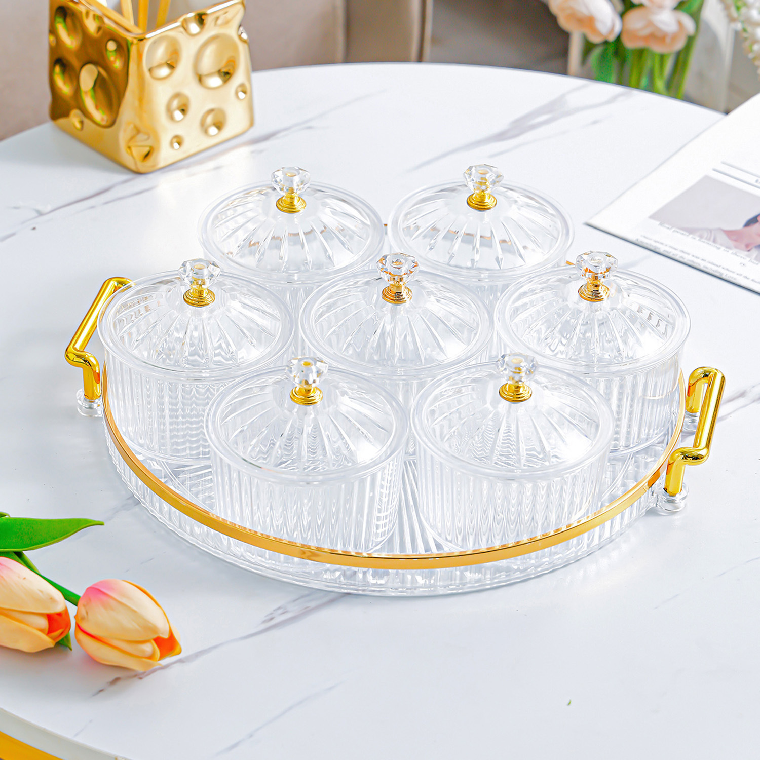 Transparent gold-rimmed round fruit platter with 7 dishes