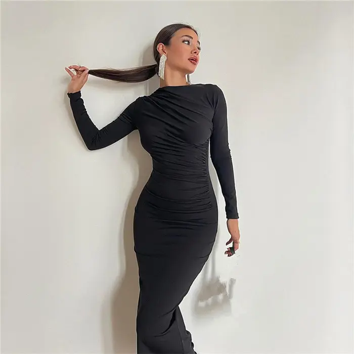 ווסטידוס דה גאלה סתיו/חורף 2023 אופנה חדשה נשים עגול שרוול ארוך רזה שמלת טמפרמנט צבע אחיד