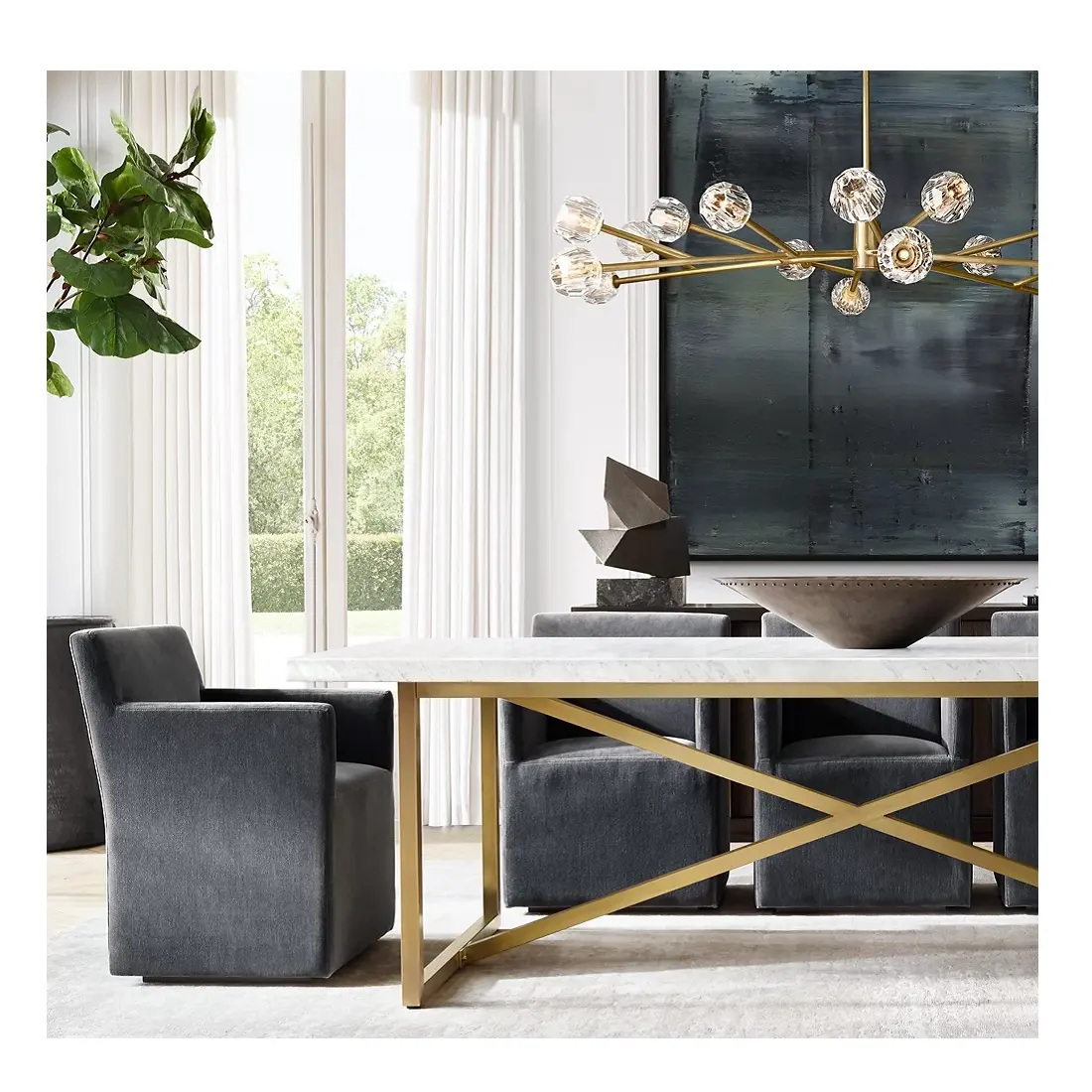 Modern Kitchen room X-base table light luxury gold stainless steel natural marble rectangular dining table for home furniture