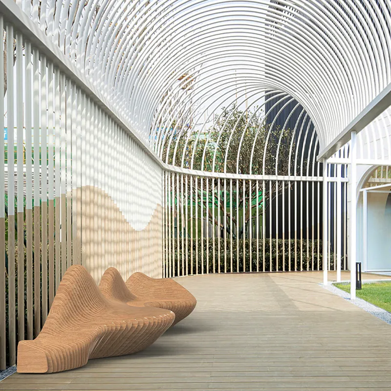 Silla paramétrica de madera Nuevo diseño Jardín interior al aire libre Centro comercial curvo Banco de parque de madera grande y largo