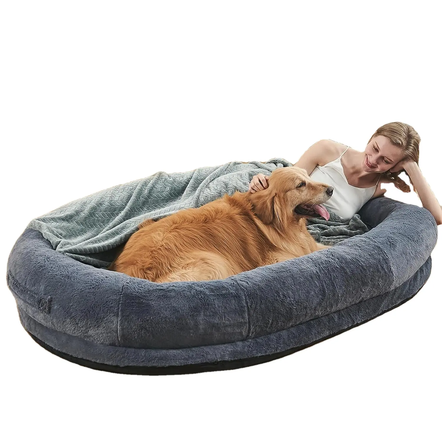 Grand lit pour chien de taille humaine Lit pour grand chien pour adultes et animaux de compagnie Lit géant avec couverture en fourrure lavable, couverture et sangle