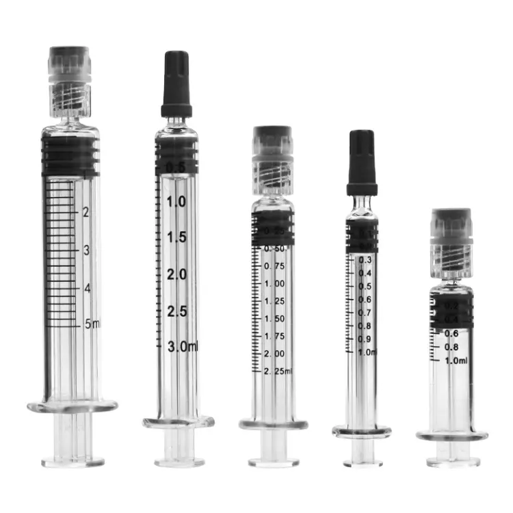 Yüksek kaliteli 0.5ml 1ml 1.5ml 2.25ml 3ml 5ml 10ml luer kapaklar Luer kilit yağ şırınga ambalaj önceden doldurulmuş cam şırınga