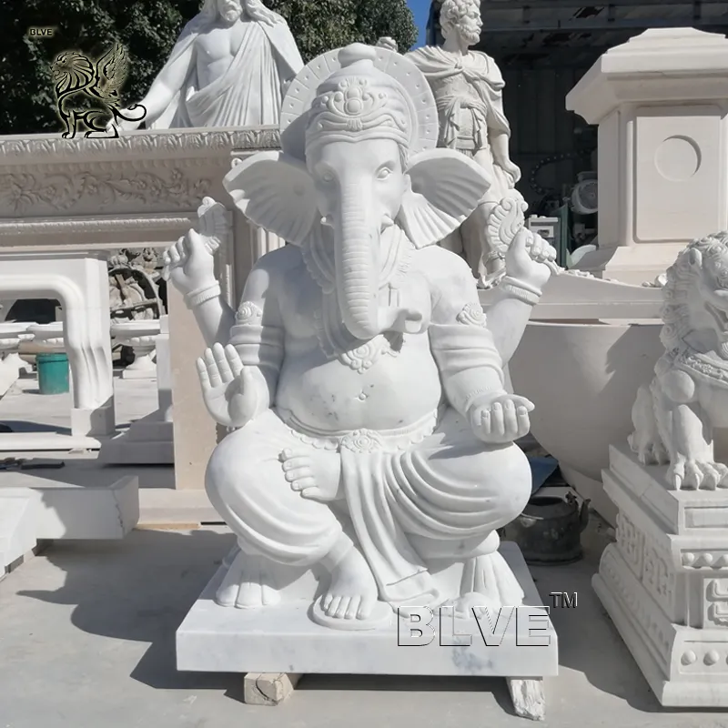 BLVE Religiones indias Piedra blanca Tallada Tamaño real Dios hindú Jardín Señor Ganesh Estatuas Escultura de mármol Estatua