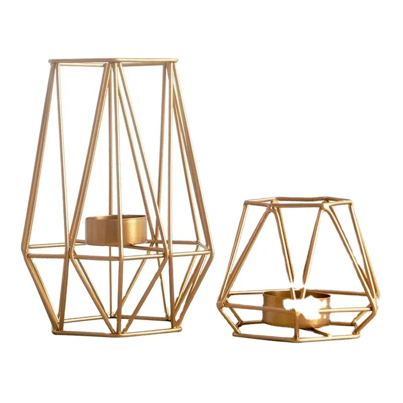Set personalizzato di 2 portacandele Tealight in metallo geometrico dorato cavo in ferro decorazioni per la tavola di nozze per la casa