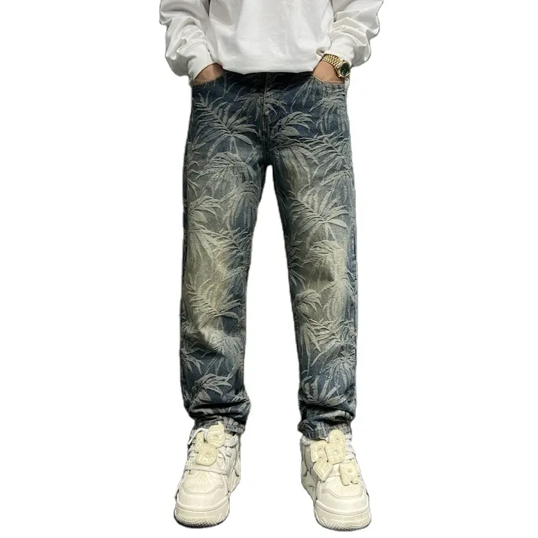 بنطلون جينز رجالي عصري كاجوال بتصميم على شكل ورقة شجر متينة مستقيمة مريحة مصنوع من الجينز الأزرق