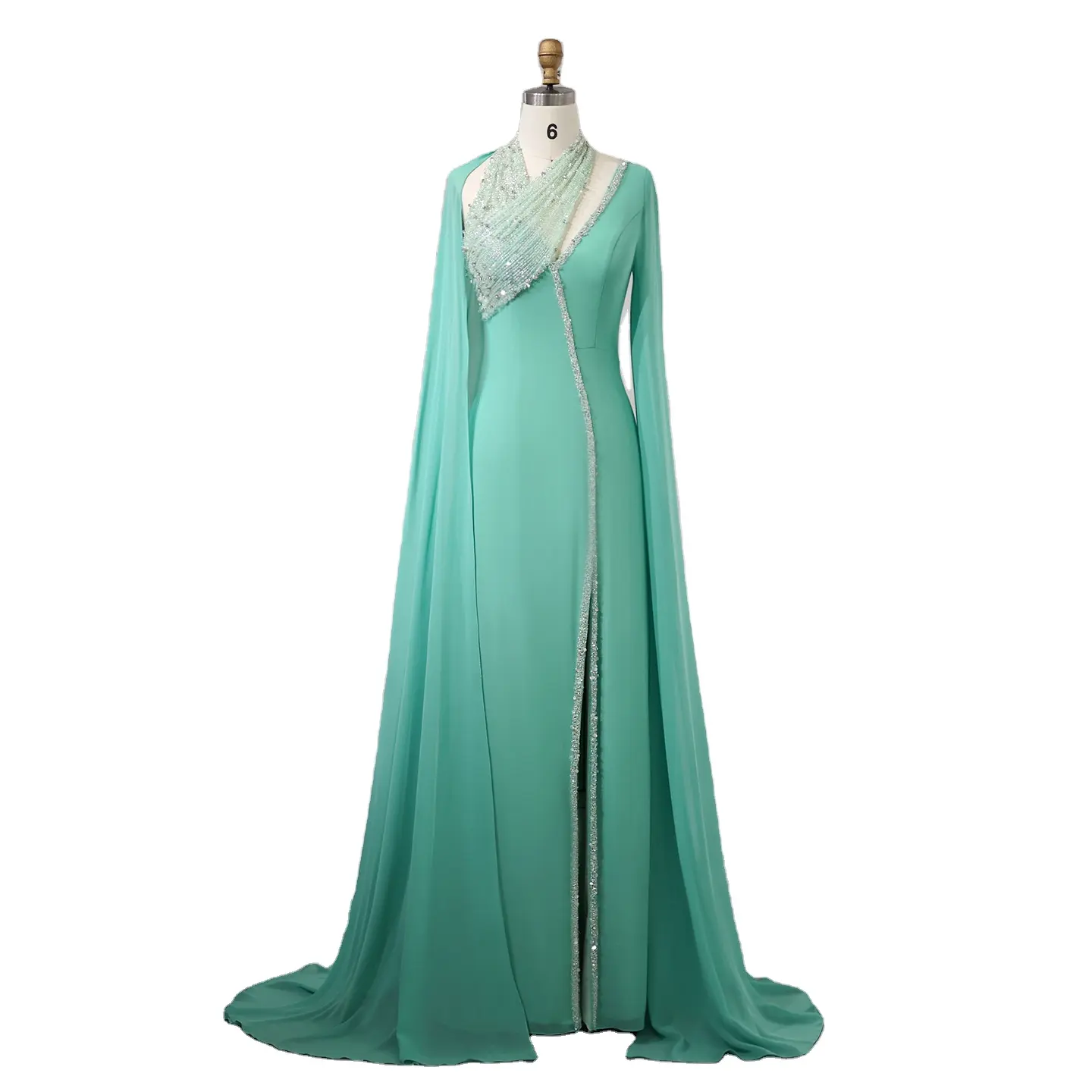 Sharon Said SS474 Luxury Beaded Arabic Turquoise Green Chiffon Dubai Evening Dress With Cape Sleeves