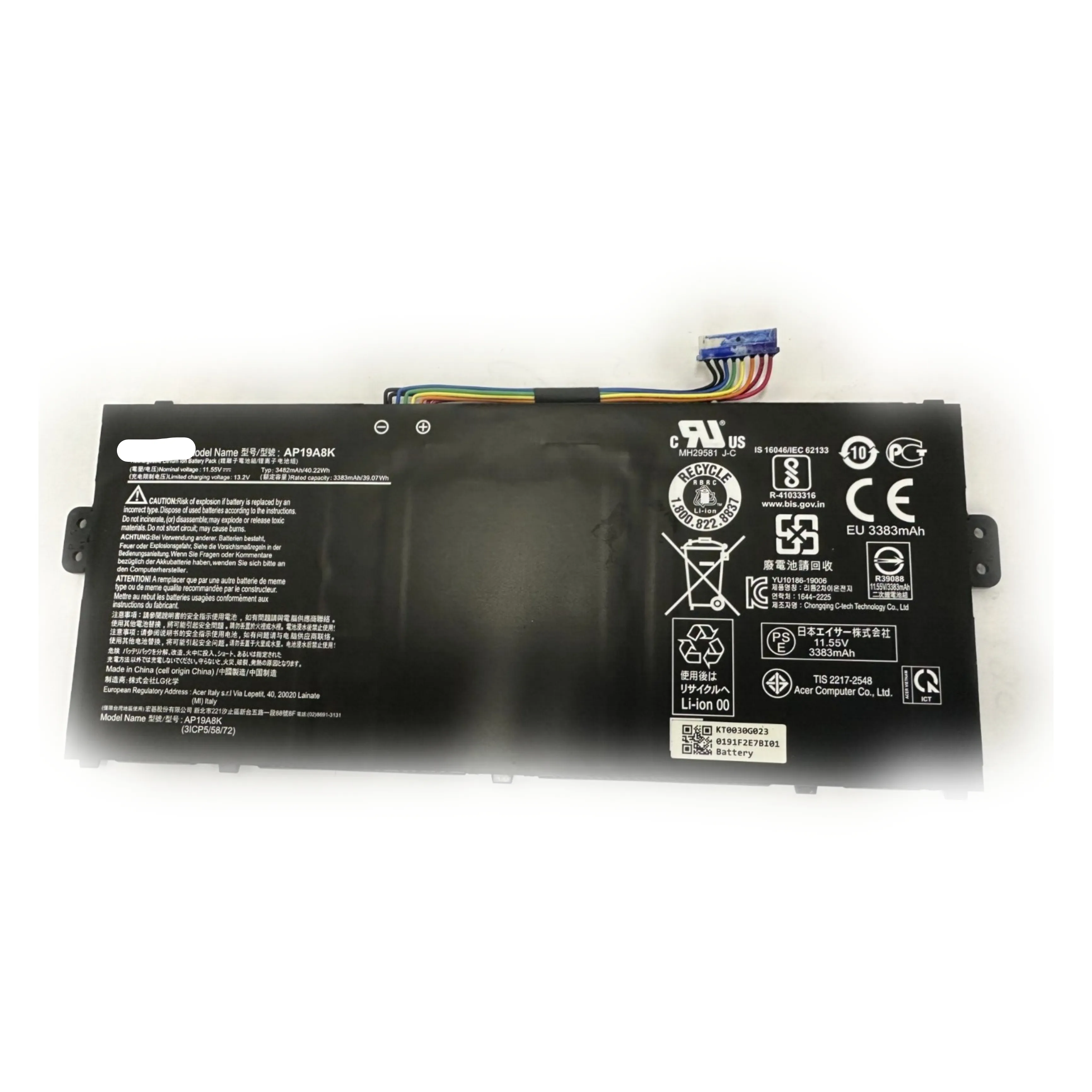 Célula de batería de repuesto para portátil Acer Chromebook KT.0030G.023 AP19A8K Batería para portátil de 3 celdas